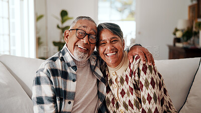 Buy stock photo Hug, laughing and portrait of old couple on sofa in home together for bonding or retirement. Connection, funny and love with senior people embracing in living room for care, support or wellness