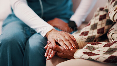 Buy stock photo Holding hands, comfort and nurse with woman in home for support in medical diagnosis, advice or checkup. Healthcare, empathy and caregiver with patient for compassion at consultation in living room.