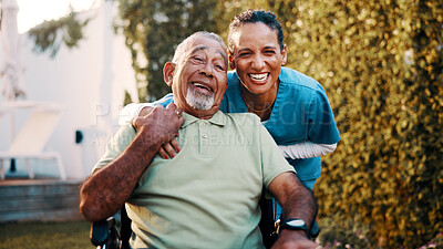 Buy stock photo Hug, laughing and portrait of nurse with old man in garden together for bonding or retirement. Connection, funny and healthcare with caregiver embracing senior person with disability in wheelchair