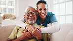 Hug, laughing and portrait of nurse with old man in home together for bonding or retirement. Connection, funny and healthcare with caregiver embracing senior person in living room for care or support