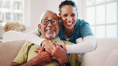 Buy stock photo Hug, laughing and portrait of nurse with old man in home together for bonding or retirement. Connection, funny and healthcare with caregiver embracing senior person in living room for care or support