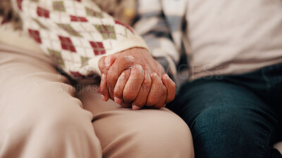 Buy stock photo Couple, holding hands and love in marriage with trust, bonding and support in relationship. Married people, together and comfort in commitment with loyalty, soulmate and connection in solidarity 