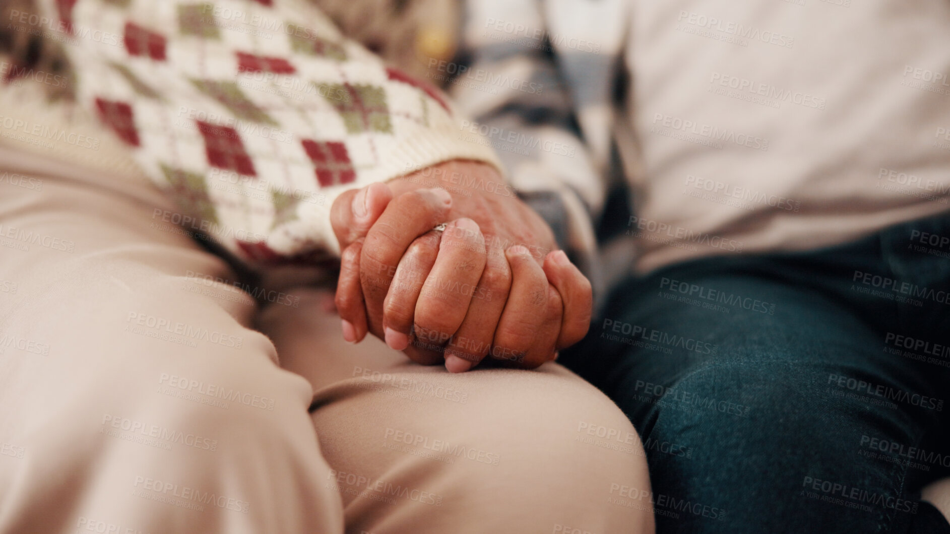 Buy stock photo Couple, holding hands and love in marriage with trust, bonding and support in relationship. Married people, together and comfort in commitment with loyalty, soulmate and connection in solidarity 