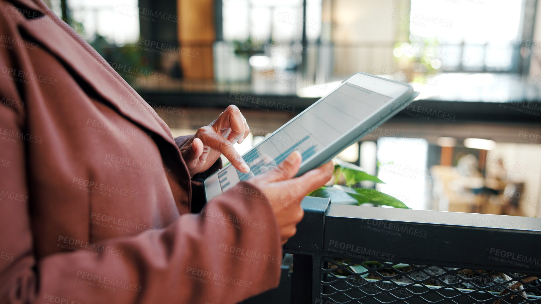 Buy stock photo Woman, hands and tablet in office with data analysis, check KPI or graphs for worker productivity rate. Person, scroll and tech in business for statistics, employee performance or efficiency metrics.