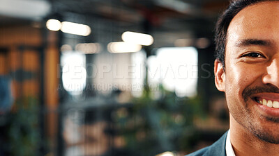 Buy stock photo Half, portrait and businessman with smile in business, space and confident for financial development. Corporate, investment banker and happy person with ambition, pride and career growth in office