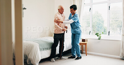 Buy stock photo Nurse, bed and senior patient with help in home for assisted living, healthcare or service. Female person, health worker or caregiver with man or cane in bedroom for elderly care, support or trust