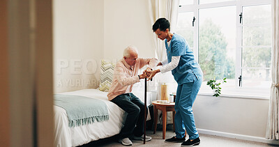 Buy stock photo Nurse, bed or helping senior with cane in home for assisted living, healthcare or service. Female person, health worker or caregiver with man in bedroom for elderly care, support or mobility in house