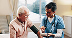 Nurse, old man and blood pressure in home for hypertension, healthcare monitor and support. Exam, carer and test heart wellness of senior patient for cardiovascular health, service or assisted living