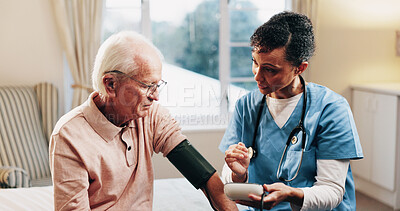 Buy stock photo Nurse, old man and blood pressure in home for hypertension, healthcare monitor and support. Exam, carer and test heart wellness of senior patient for cardiovascular health, service or assisted living