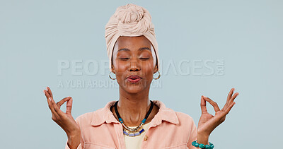 Buy stock photo Yoga, gyan or black woman with meditation, calm practice or mindfulness in wellness activity. Peace, mudra or person on studio background with breathing, zen or mindset improvement in holistic health