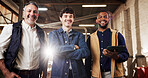 Crossed arms, men and portrait of carpenters in workshop with confidence for manufacturing industry. Happy, flare and team of woodworkers with pride for about us, support or solidarity in factory.