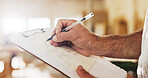 Carpentry, review or hands in warehouse with clipboard, quotation or measurement sheet in woodworking. Plan, man or carpenter with notes, order pricing or material calculation in furniture business.