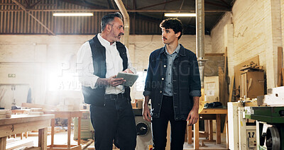Buy stock photo Carpenter, talking and people on tablet in workshop for planning, advice or woodworking contractor. Carpentry, manager and man on tech for inventory, furniture project and meeting for timber business