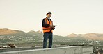 Thinking, engineer and man with tablet at construction site, building development or planning project. Tech, architecture and mature person outdoor for problem solving, smile and mockup space