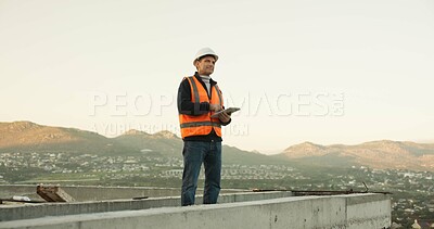 Buy stock photo Thinking, engineer and man with tablet at construction site, building development or planning project. Tech, architecture and mature person outdoor for problem solving, smile and mockup space