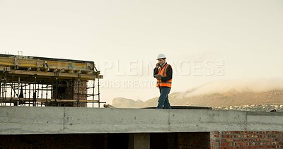 Buy stock photo Man, architect and phone call on construction site with tablet, scaffolding and building inspection. Male person, civil engineer or communication with tech for architecture, safety or maintenance
