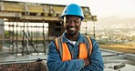 Construction, portrait or engineer on site with arms crossed, contractor or about us in industrial industry. Happy, architect or black man with hardhat, laborer or confidence in building development.