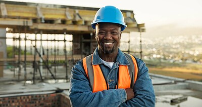 Buy stock photo Construction, portrait or engineer on site with arms crossed, contractor or about us in industrial industry. Happy, architect or black man with hardhat, laborer or confidence in building development.