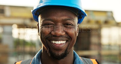 Buy stock photo Construction, happy or engineer on site with portrait, contractor or about us in industrial industry. Space, architect or black man with ppe hardhat, laborer or confidence in building development.
