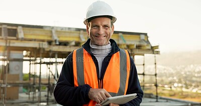 Buy stock photo Construction, portrait or man on site with tablet, contractor or about us in architecture. Happy, ppe or mature engineer with tech, building inspector or confidence in infrastructure development.