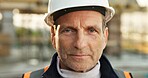 Construction, portrait or engineer on site with hardhat, contractor or about us in industrial industry. Space, architect or mature man with ppe helmet, laborer or confidence in building development.