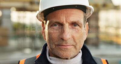 Buy stock photo Construction, portrait or engineer on site with hardhat, contractor or about us in industrial industry. Space, architect or mature man with ppe helmet, laborer or confidence in building development.