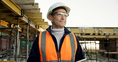 Buy stock photo Thinking, man and engineer at site for construction, inspection and vision for architecture. Smile, mature person and safety gear outdoor with reflection, quality assurance and building development
