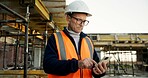 Construction, text or man on site with phone, task instruction or inspection report in online chat. Typing, tech or mature engineer with reading, project brief or operations schedule on digital app.