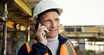 Man, architect and phone call on construction site with smile, scaffolding and building inspection. Mature person, civil engineer or communication with tech for architecture, safety or maintenance
