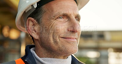 Buy stock photo Thinking, man and engineer with smile for construction, inspection and vision for architecture. Happy, mature person or safety gear at site with reflection, quality assurance and building development