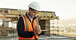 Engineer, man and wrist pain on construction site with injury, building accident and risk strain. PPE, mature person and hurt hand or fatigue with civil engineering error, sprain and overworked