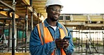 Construction, thinking or black man on site with phone, operation plan or inspection report in online chat. Text, happy or engineer with tech, project perspective or building schedule on digital app.