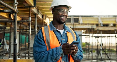 Buy stock photo Construction, thinking or black man on site with phone, operation plan or inspection report in online chat. Text, happy or engineer with tech, project perspective or building schedule on digital app.