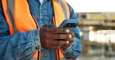 Buy stock photo Construction, text message or hands outdoor with phone, task instruction or inspection report in online chat. Space, man or engineer with tech, project brief or operations schedule on digital app.