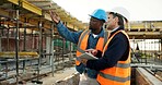 Construction site, team and planning with engineer, tablet and safety inspection for development. Men, tech and talking outdoor for building architecture, pointing and quality control assessment