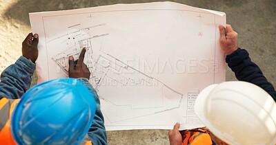Buy stock photo Team, above or architect at construction site with blueprint, development review or infrastructure. Top view, people and document for building design discussion, planning engineering or collaboration