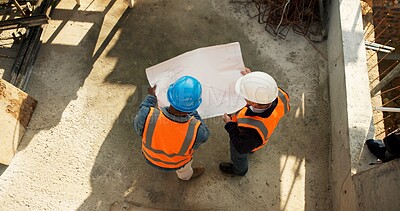 Buy stock photo Team, above or engineer with blueprint for planning, development review or infrastructure. Top view, people or document for building design, architecture discussion or floor plan at construction site