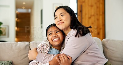 Buy stock photo Hug, happy and child with mom on sofa for bonding, healthy relationship and security for parenting. Family, love and mother with girl embrace for affection, connection and support for trust in home