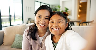 Buy stock photo Selfie, happy and portrait of mom with girl for social media, picture and memory for bonding on weekend. Family, pov and mother with child for post, photo and smile for moment, love and relax in home