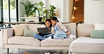 Happy, children and watching movie in house with laptop, sisters bonding and internet for cartoon. Kids, smile and relax together in living room with computer, online entertainment or streaming film.