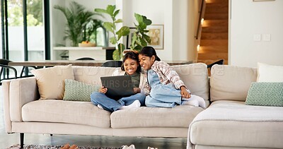 Buy stock photo Happy, children and watching movie in house with laptop, sisters bonding and internet for cartoon. Kids, smile and relax together in living room with computer, online entertainment or streaming film.