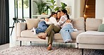 Happy, mother and children in house with hug, bonding together and relax for connection on weekend. Woman, smile and embrace girl kids in living room with love, care and family support for wellness.