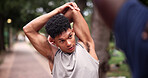 Fitness, team or man in park with stretching, arm mobility or injury prevention in warm up activity. Collaboration, bokeh or people outdoor with start, shoulder or muscle improvement in preparation.