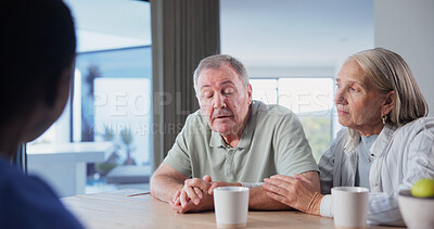 Buy stock photo Checkup, nurse or old couple in house with feedback, support or medical diagnosis in senior care. Consultation, elderly people or doctor with advice, home assessment or  comforting for heath results.