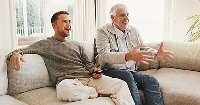 Buy stock photo Father, remote and watching tv with adult son on sofa in home living room for sports streaming. Entertainment, happy man and senior parent in apartment together for bonding or television broadcast
