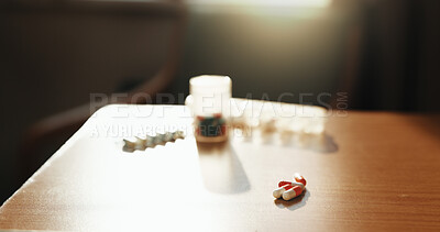 Buy stock photo Medical, pills and medication on desk in home for healing, recovery or pharmaceutical drugs. Healthcare, antibiotics and medicine on table with tablets, capsules or vitamins for wellness in apartment