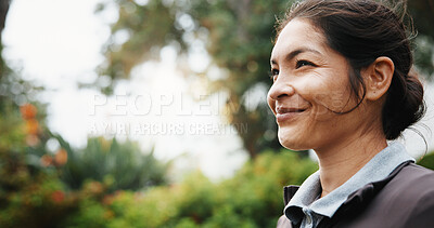 Buy stock photo Business, smile and thinking with woman outdoor for fresh air, inspiration or planning. Future, idea and space with happy employee person in windy garden for development, opportunity or vision