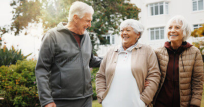 Buy stock photo Outdoor, fitness and old people by retirement home with laugh, funny story and walk for exercise. Happy, senior friends and wellness by apartment building with garden, workout and joke for bonding.
