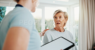 Buy stock photo Healthcare, physiotherapy and tablet with old woman in studio for appointment or rehabilitation. App, diagnosis and results with chiropractor speaking to senior patient for healing or recovery