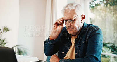Buy stock photo Finance, review or old man in home with laptop, expense track or bank statement in retirement fund. Reading, glasses or senior person with tech, account balance or savings check in pension management